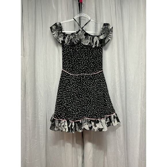 VTG Y2K Bebe Polka Dot Floral Mini Dress 4 Teardrop Neck Retro Chic Rockabilly - Picture 1 of 9